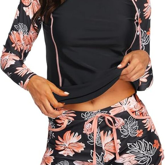 DACI Women’s Two-Piece Swim Set – Rash Guard + Board Shorts – Black/Coral Floral - Picture 1 of 14